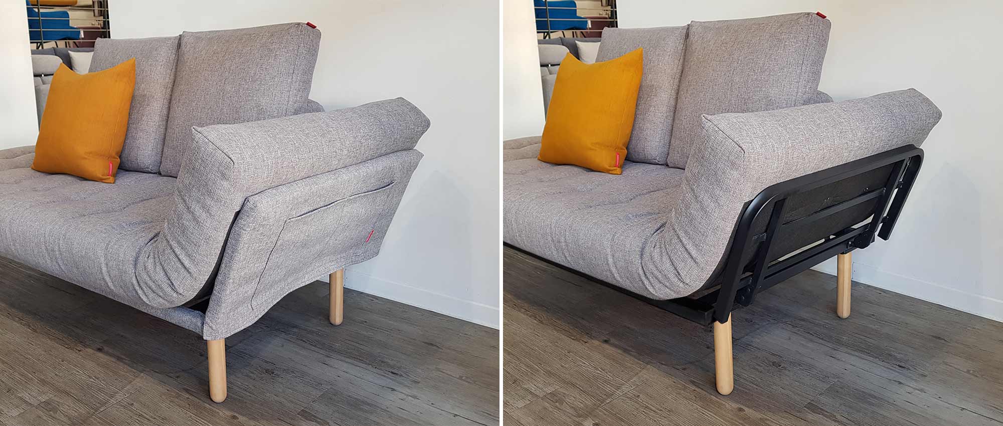 Hier das ROLLO Daybed von Innovation mit Gestellbezug (links) und ohne Gestellbezug (rechts) - Stoff Mixed Dance Grau (521)