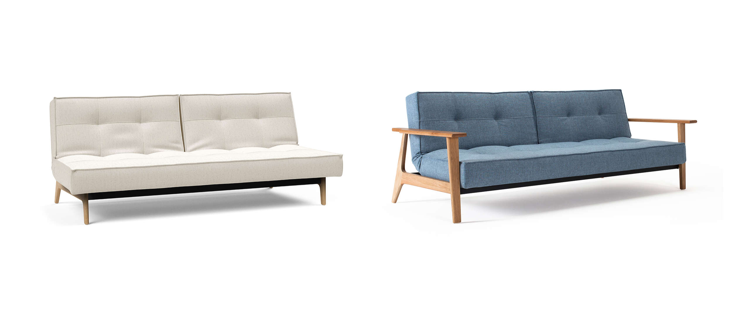 SPLITBACK Schlafsofa Füße: helle Eik (links) und helle Frej-Armlehnen (rechts)