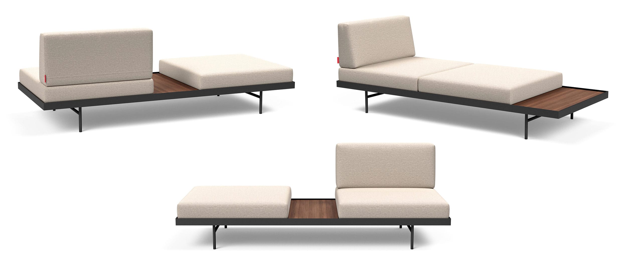Beim PURI Innovation Daybed lassen sich Sitz- und Rückenkissen sowie die Tischplatte individuell anordnen - alle Bezüge der Liege sind abnehmbar