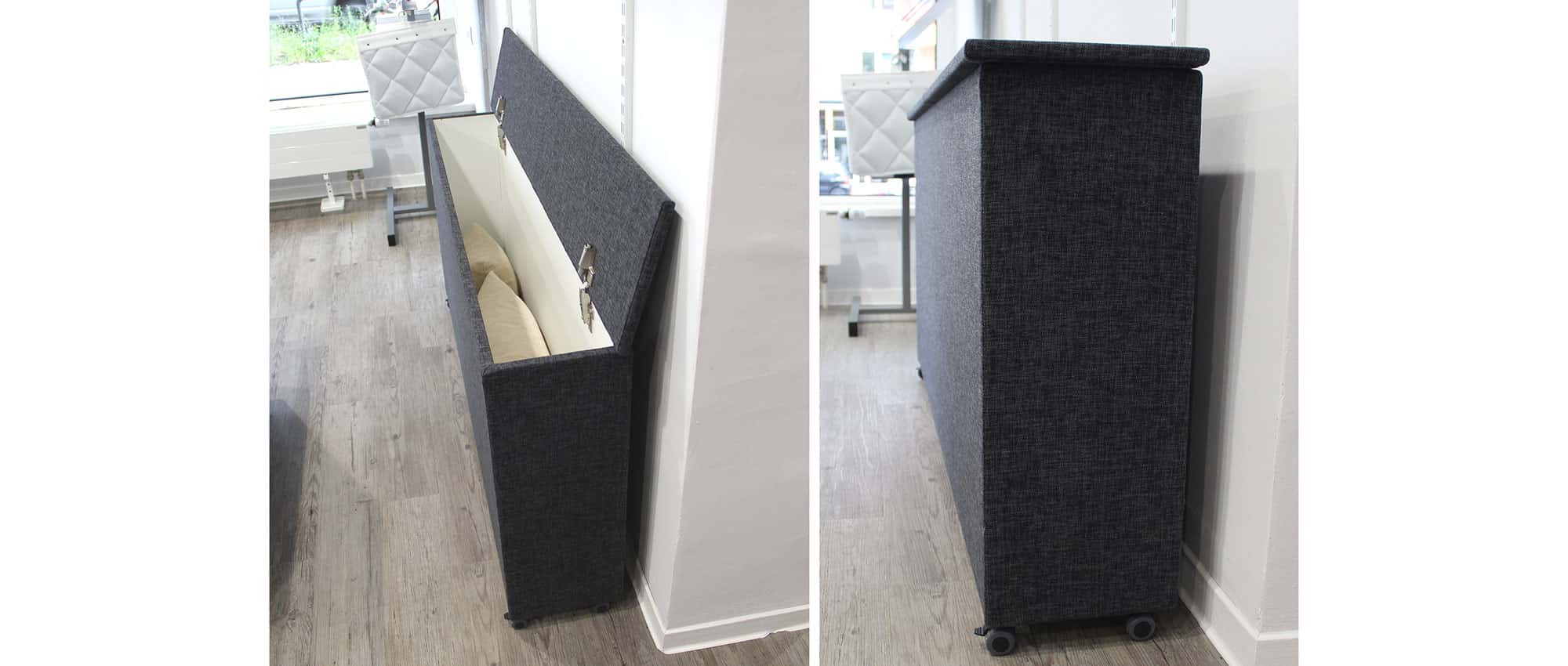 Die STAURAUMBOX ist mit verschiedenen Stoffbezügen oder Leder erhältlich