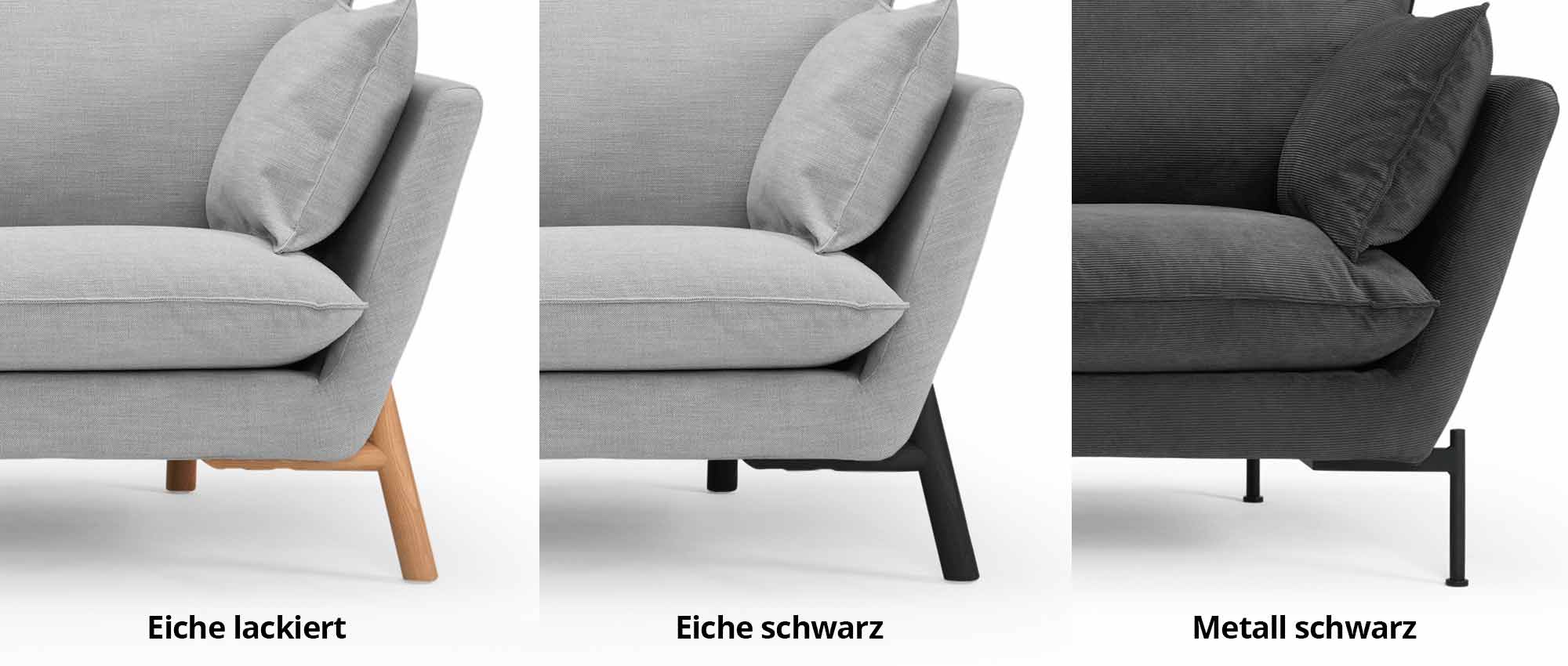 Wählen Sie beim FALUN Designer Sofa zwischen Holz- oder Metallfüßen