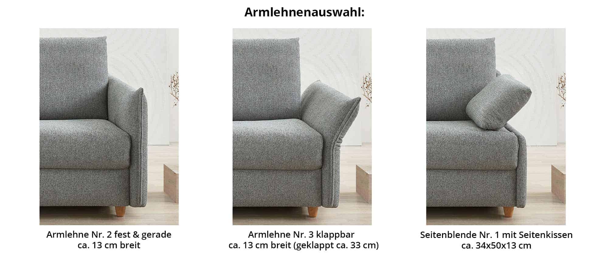 Die Armlehnenauswahl des ROTTERDAM DELUXE Schlafsofas mit ca. 180x200 cm Liegefläche
