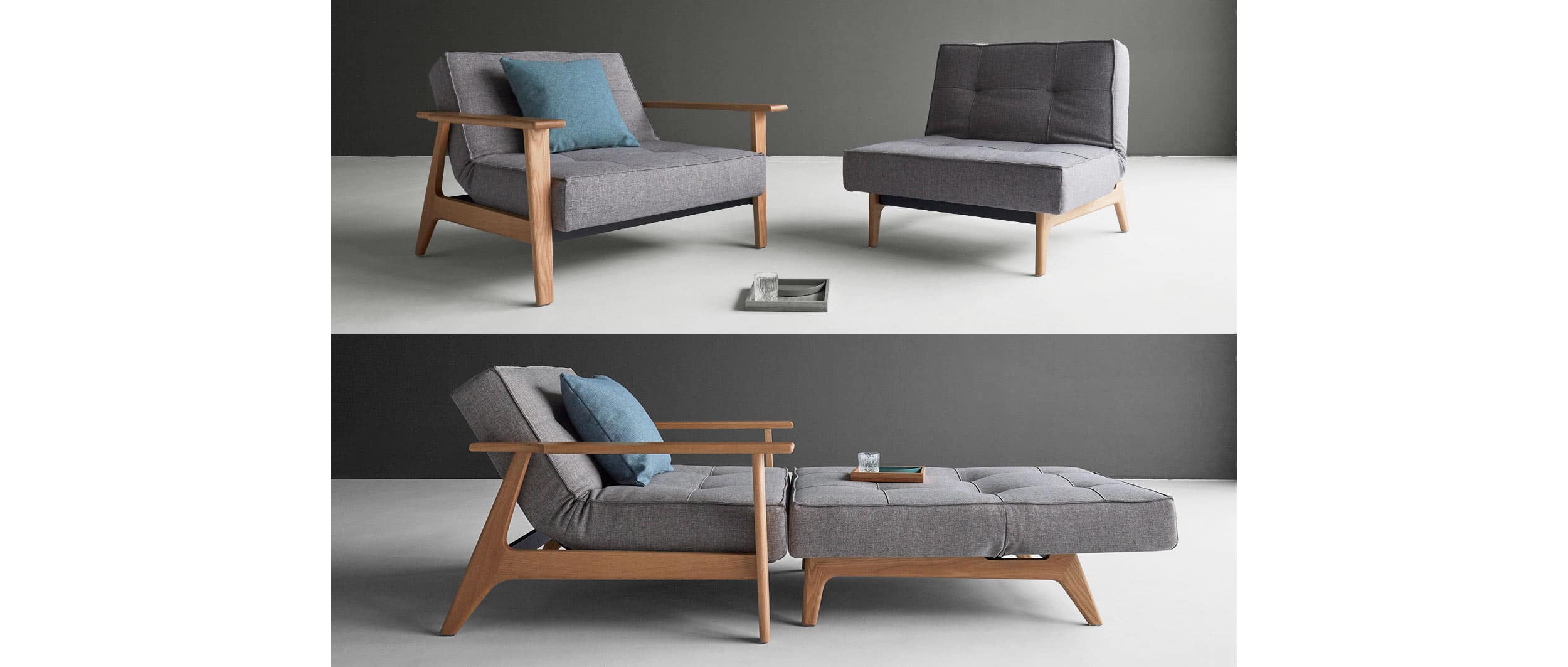 Der SPLITBACK FREJ Sessel (helle Eichenholzarmlehnen) mit einem SPLITBACK Sessel (helle Eik - Eichenholzfüße) als Longchair - mit heruntergeklappter Rückenlehne haben Sie hier ein Gästebett für 1 Person (Liegefläche ca. 80/90x230 cm)