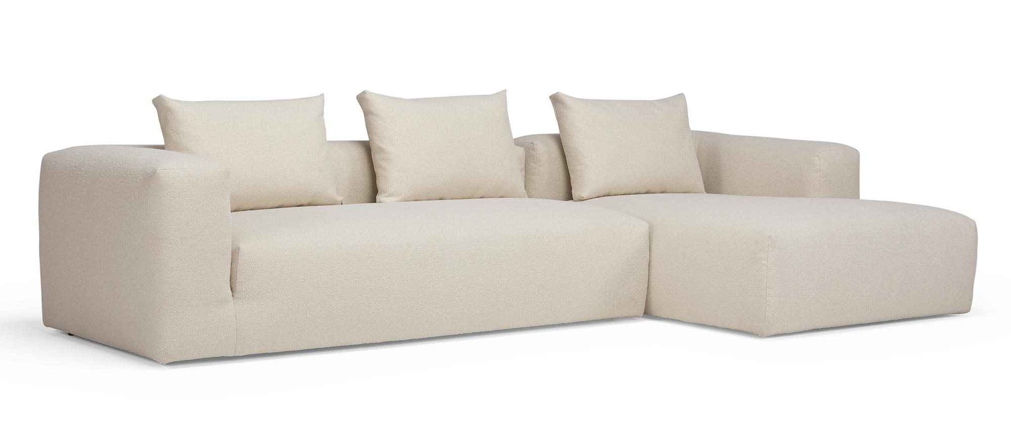 Hier das AALBORG Designer Ecksofa mit den NORDIC Rückenkissen und Longchair rechts