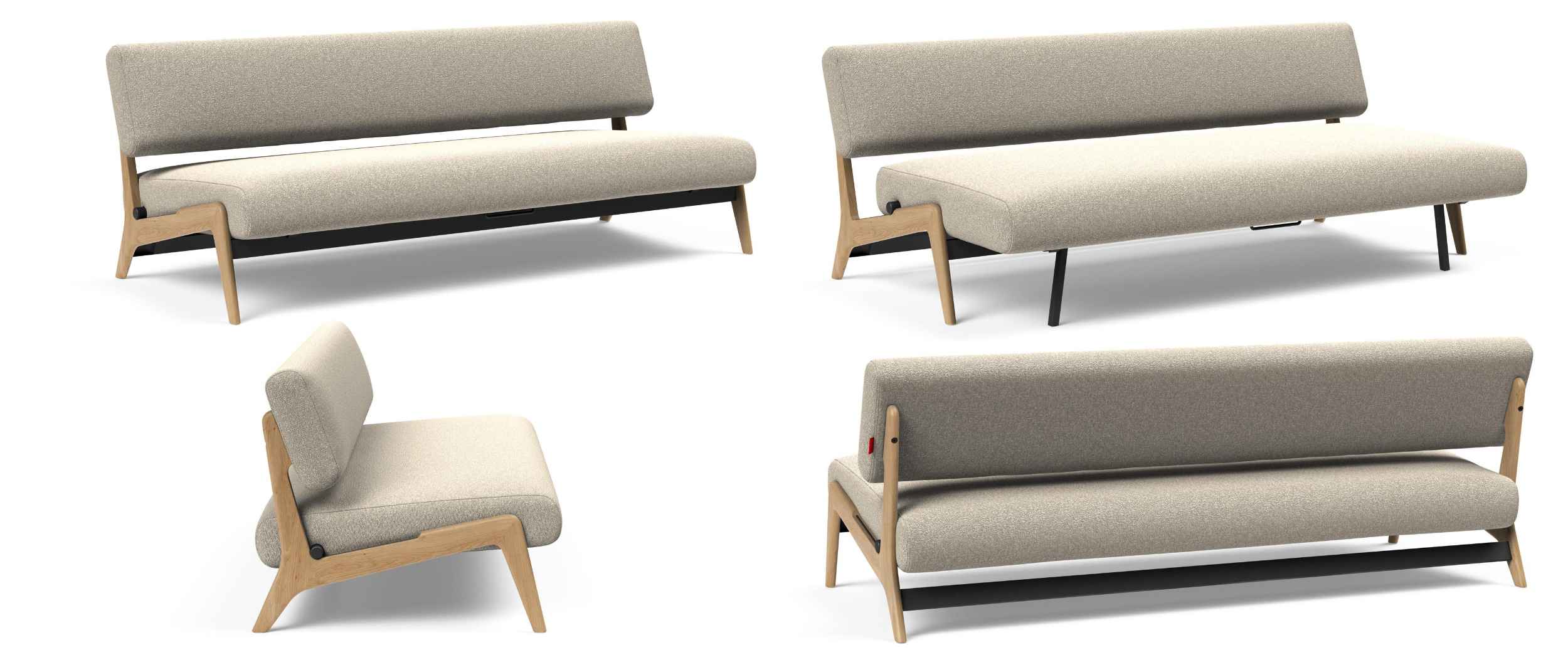 Das schlichte Design vom NOLIS Sofa mit geschwungenen hellen Eichenfüßen