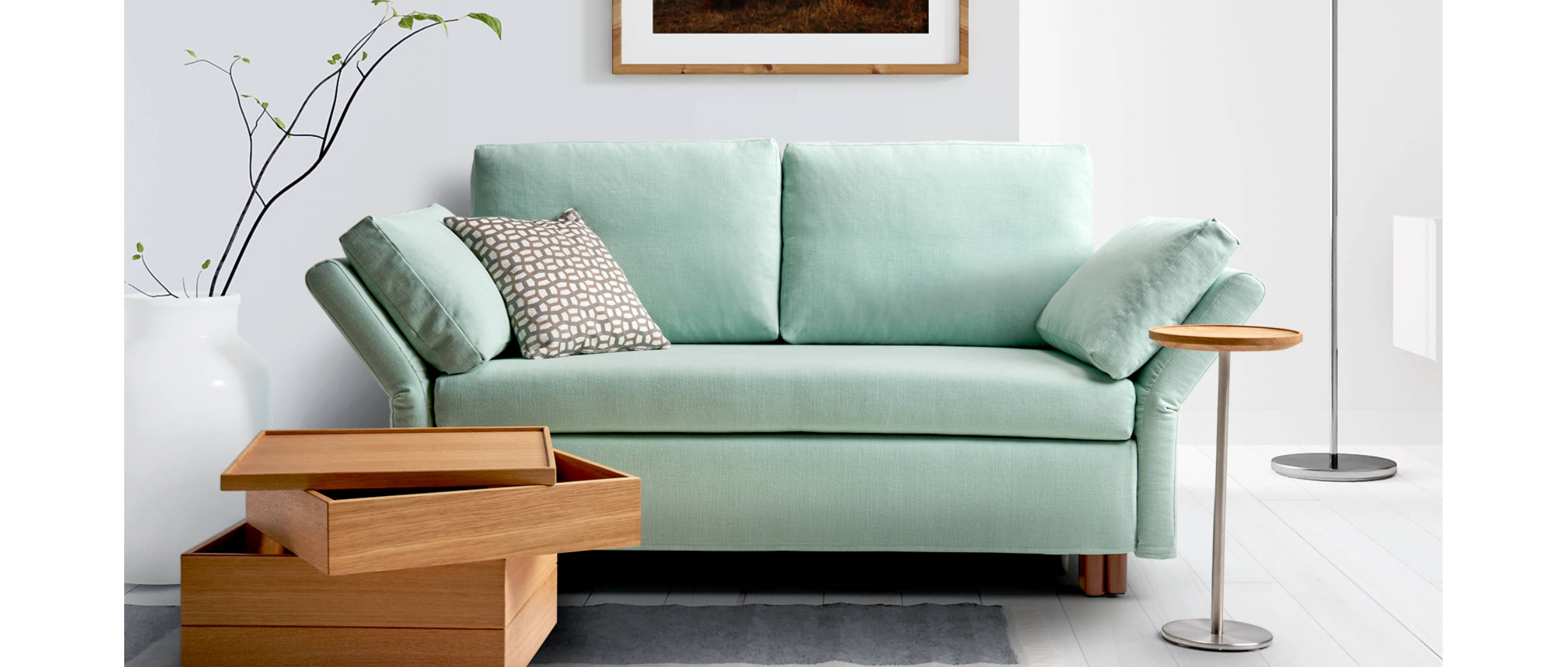 Klappsofa mit Bettkasten und klappbaren Armlehnen - Schlafsofa PAULA von signet.