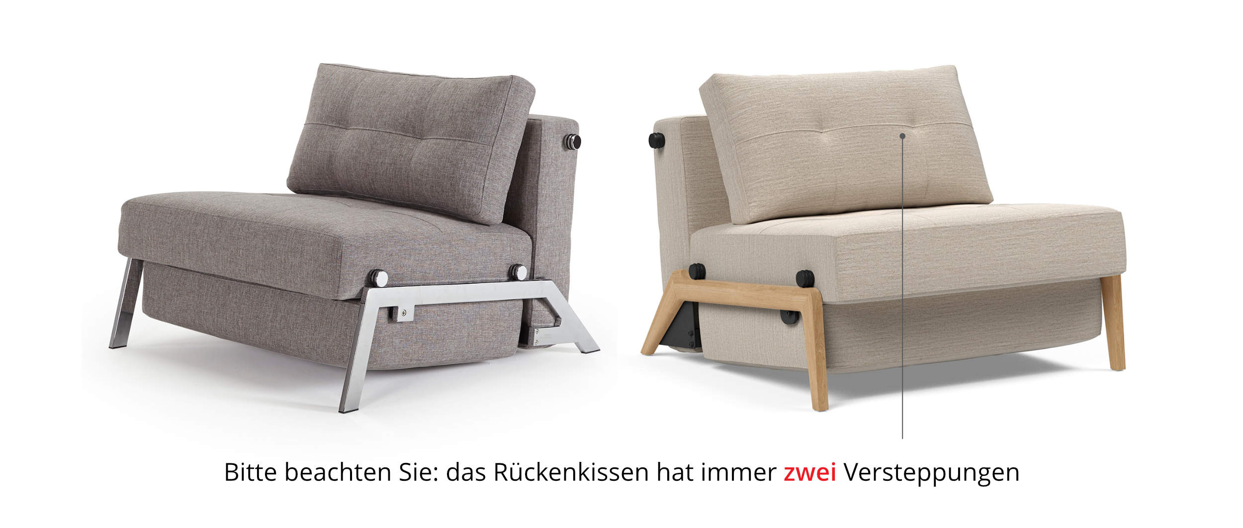 Der CUBED Schlafsessel ist auch ohne Armlehnen mit Chromfüßen, Eichenholzfüßen und Alu-Füßen (nicht abgebildet) erhältlich