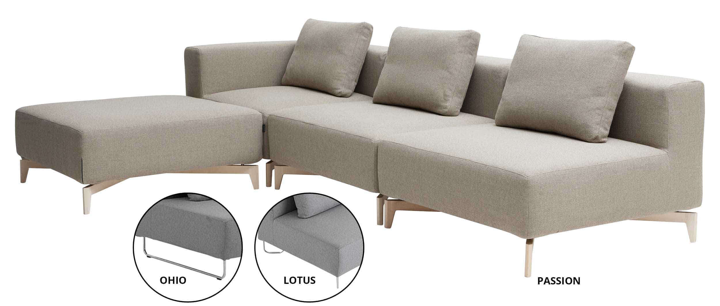 Für das LOTUS / PASSION / OHIO Modulsofa von Softline gibt es eine große Stoffauswahl