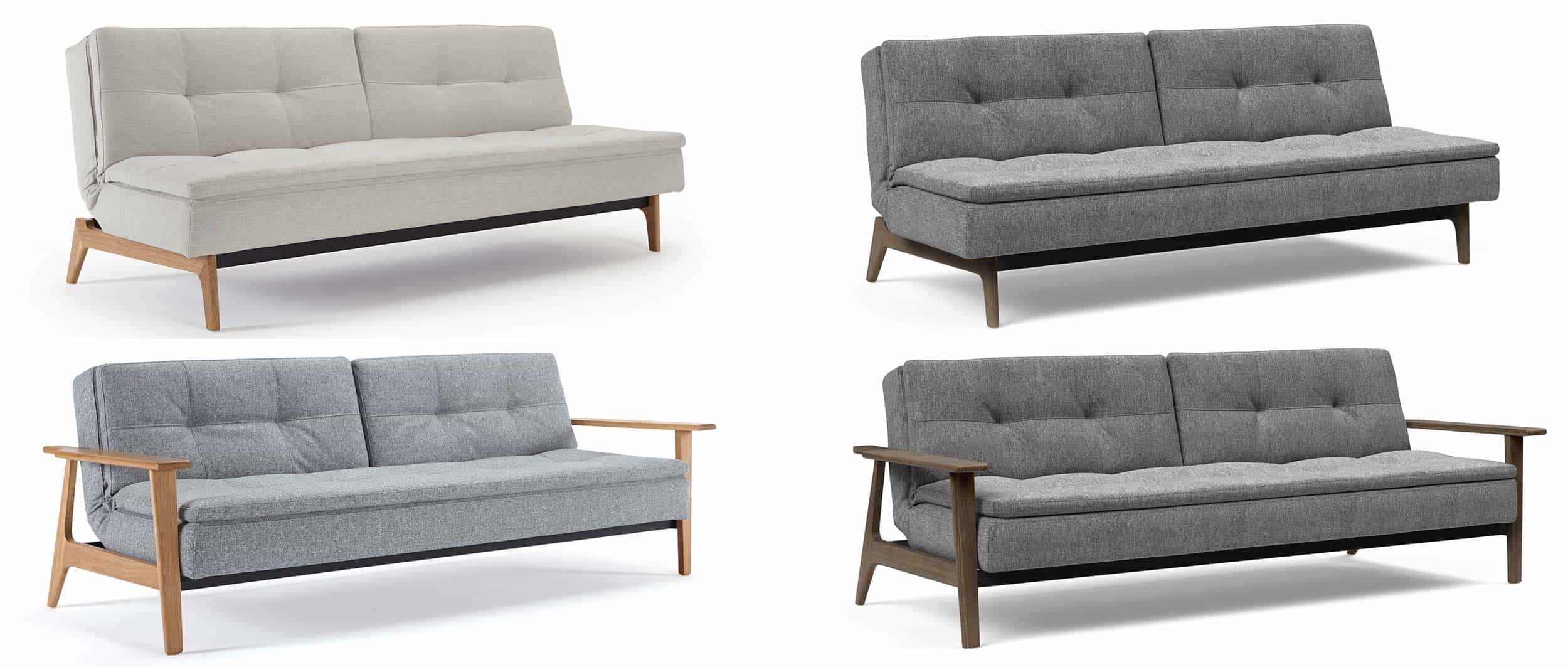DUBLEXO Schlafsofa Füße: helle Eik (oben links), Eik - Smoked Oak (Eiche geräuchert) (oben rechts), helle Frej Armlehnen (unten links) und Frej Armlehnen - Smoked Oak (Eiche geräuchert) (unten rechts)