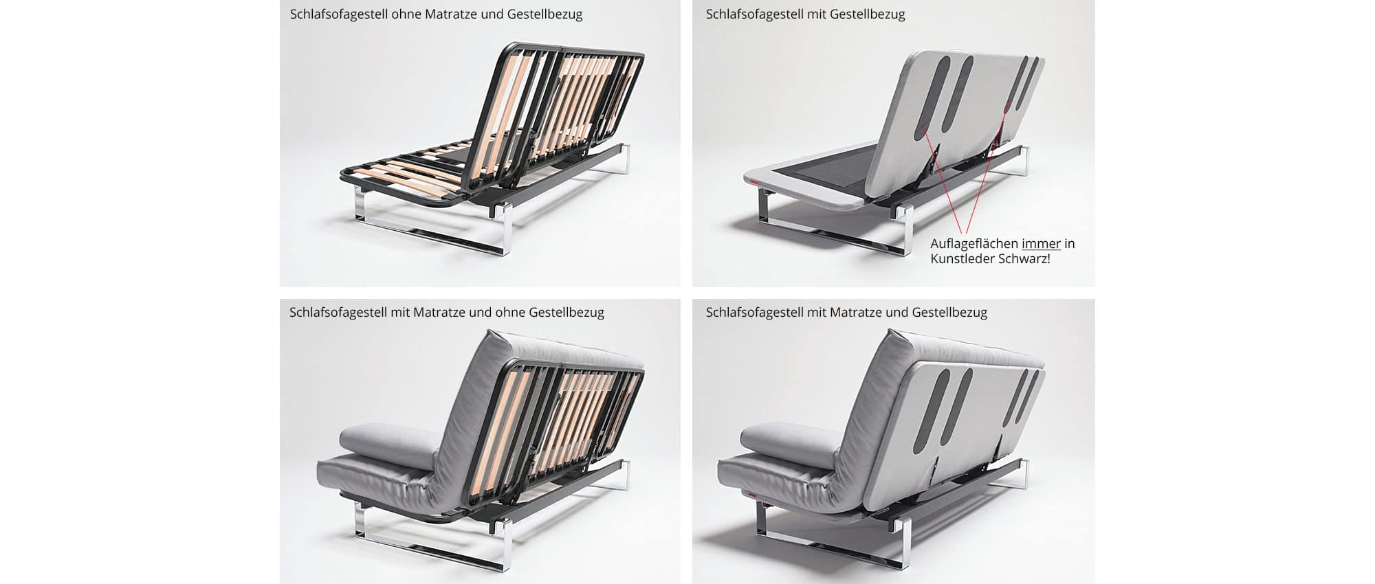 Links die Gestelle ohne Gestellbezug, rechts mit Gestellbezug - Gestell MINIMUM - Gestellbezug für den Rücken immer inklusive
