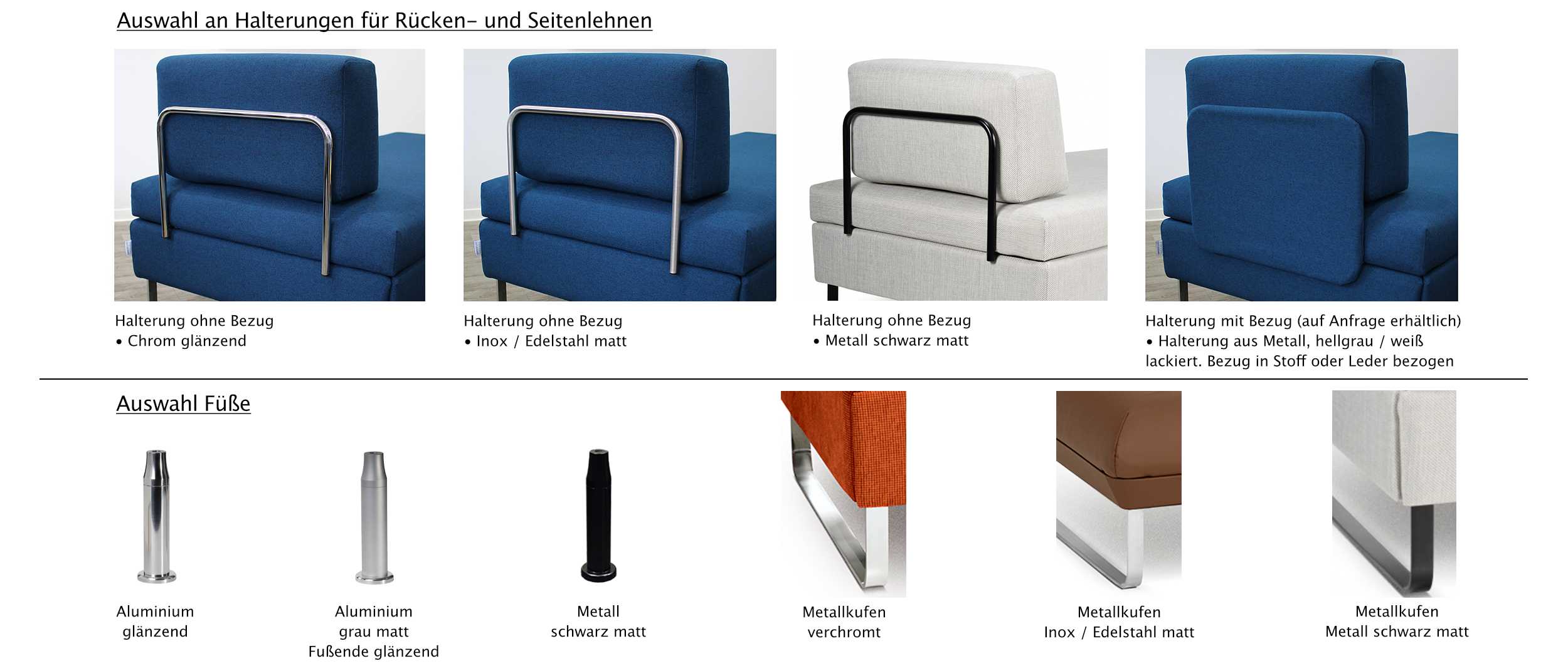 Die Lehnen- und Fußauswahl des DOPPIO Schlafsofas von Swiss Plus