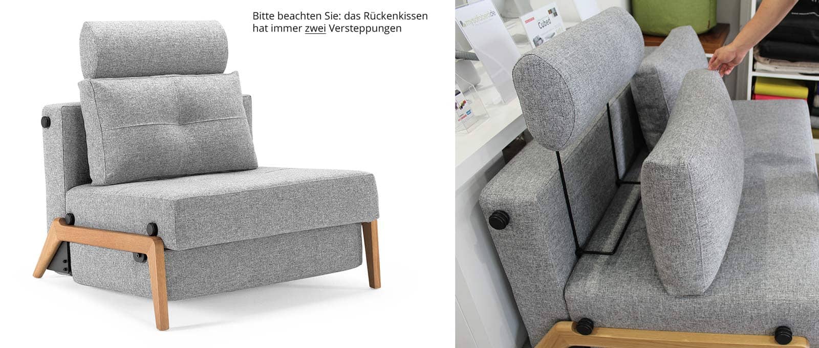 Der CUBED 02 Schlafsessel 90 im Stoff Twist Granite (565) mit hellen Eichenholzbeinen und optional erhältlicher Kopfstütze FLIP