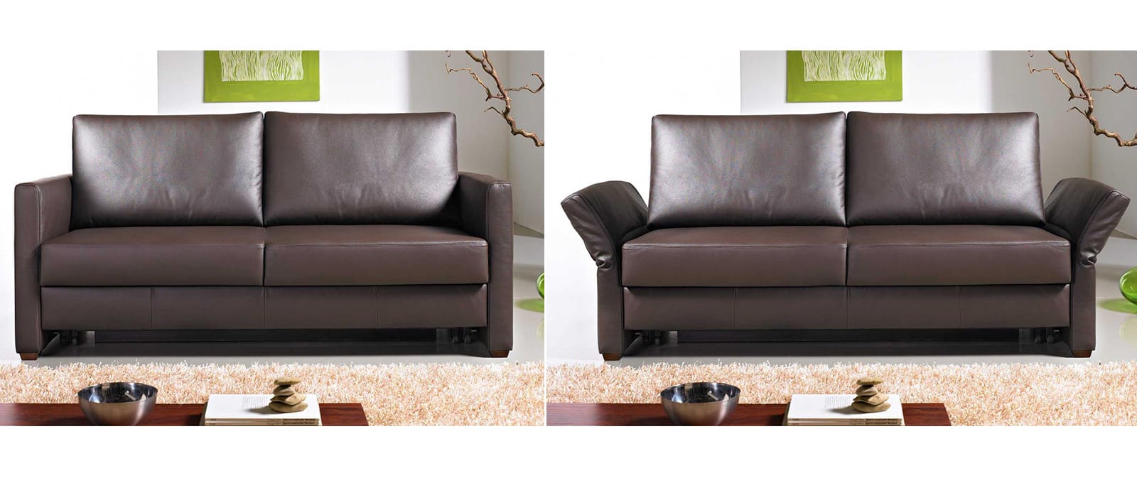 Schlafsofa mit klappbaren Armlehnen Nr. 4 und Holzfüßen in Antik, Bezug Rindsleder naturbelassen - mittelbraun (24-5060)