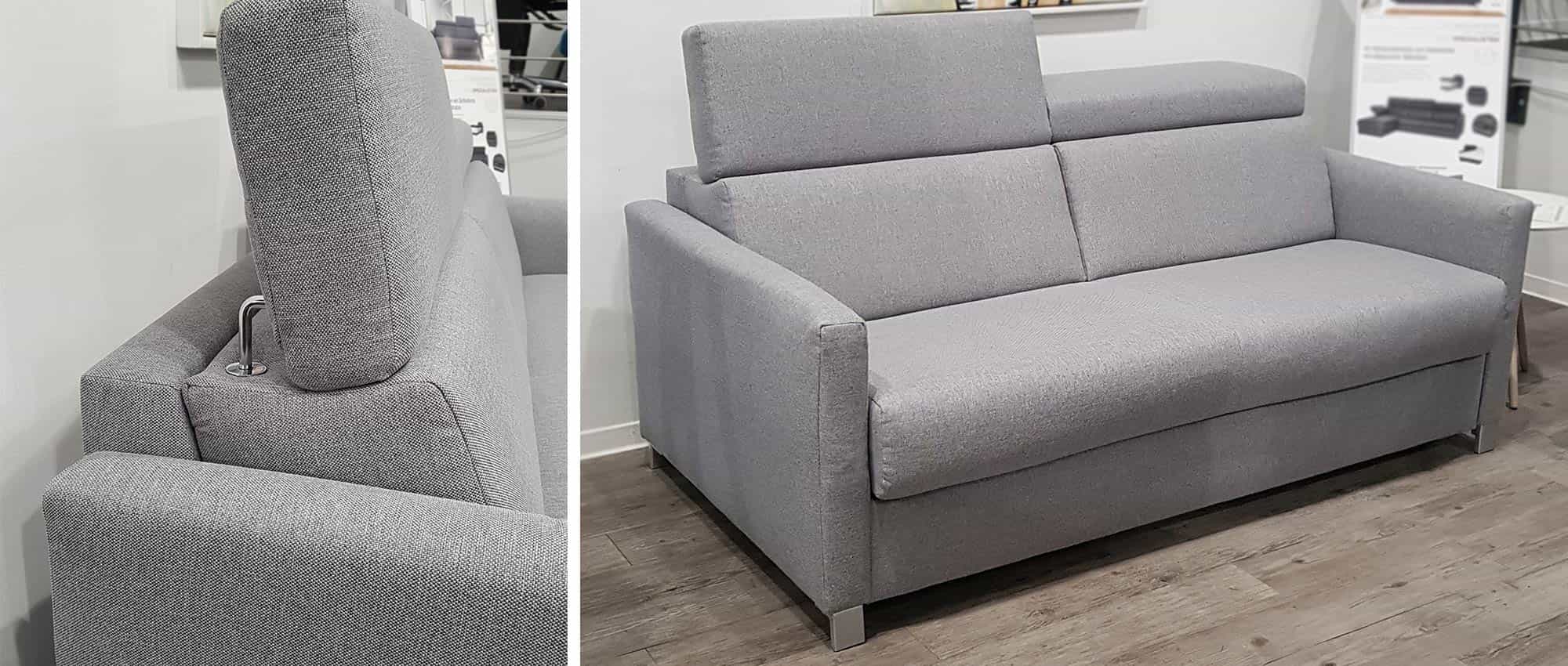 Das MÜNCHEN DELUXE Schlafsofa im Stoff Pico - Hellgrau meliert (8-2123), mit klappbaren Armlehnen (Nr. 24) und Winkelfüßen in Buche silberfarbig lackiert (293)