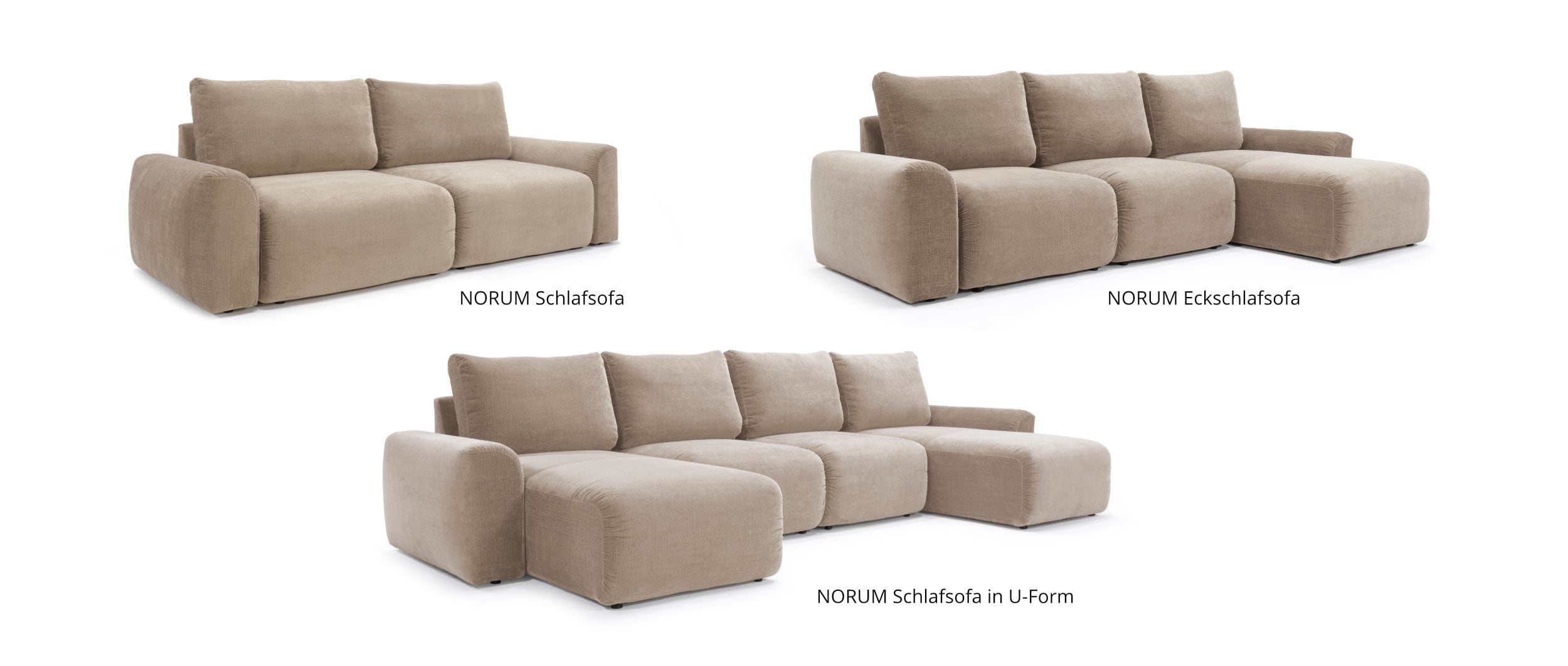 Die Innovation NORUM Schlafsofa-Familie umfasst Schlafsofa, Eckschlafsofa und Schlafsofa in U-Form – alle Modelle sind mit komfortablen Armlehnen ausgestattet