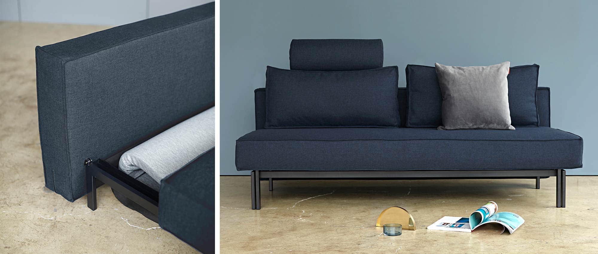 Das Innovation SLY WOOD Schlafsofa verfügt über ein Bettkastentuch unter der Sitzfläche und kann bei Bedarf mit der Kopfstütze FLIP ergänzt werden - gezeigt hier am Modell SLY mit Metallfüßen