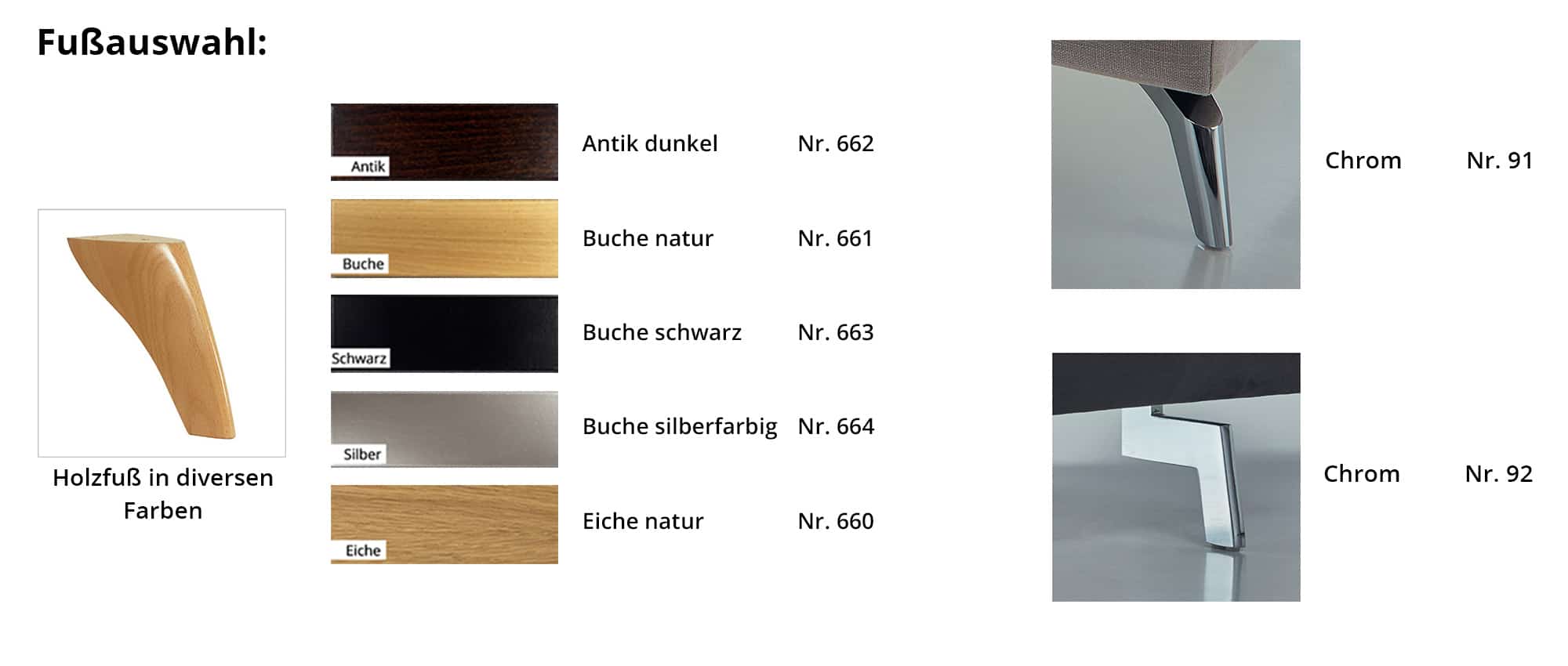 Die Fußauswahl des Schlafsofas HUSUM DELUXE - möglich sind Holz- und Chromfüße