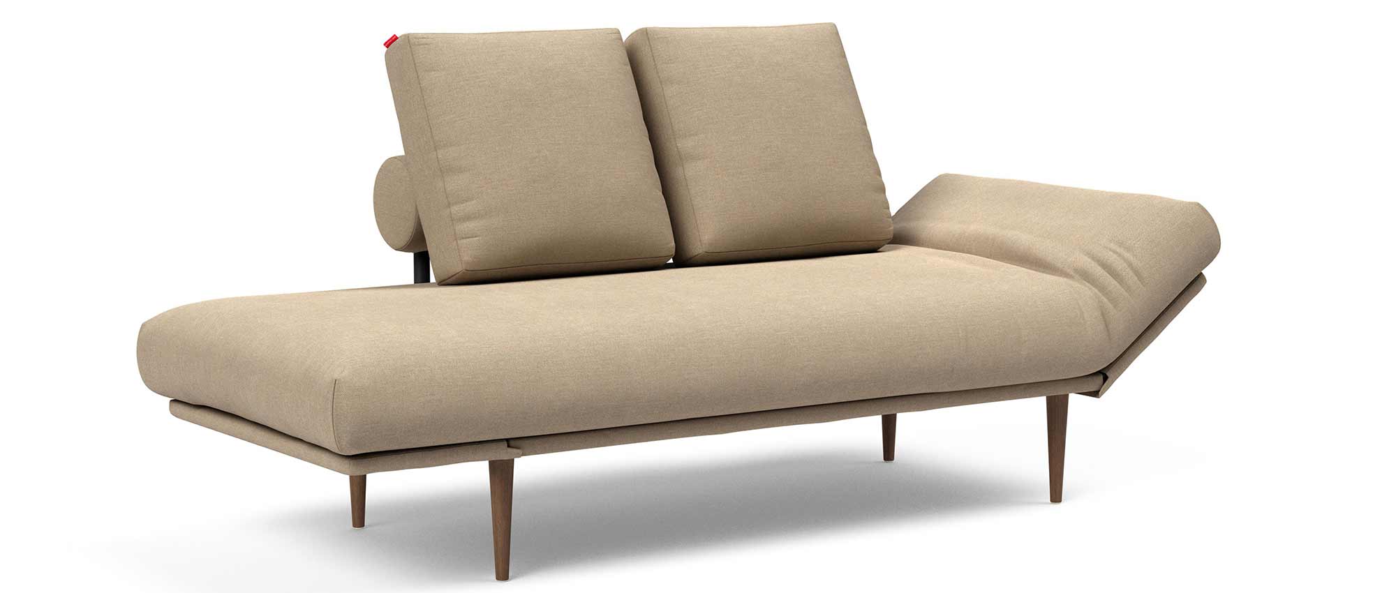 ROLLO mit dunklen Styletto-Holzbeinen, abziehbarer Matratze, Gestellbezug und SQUARE Kissen - Stoff Phobos Mocha (587)