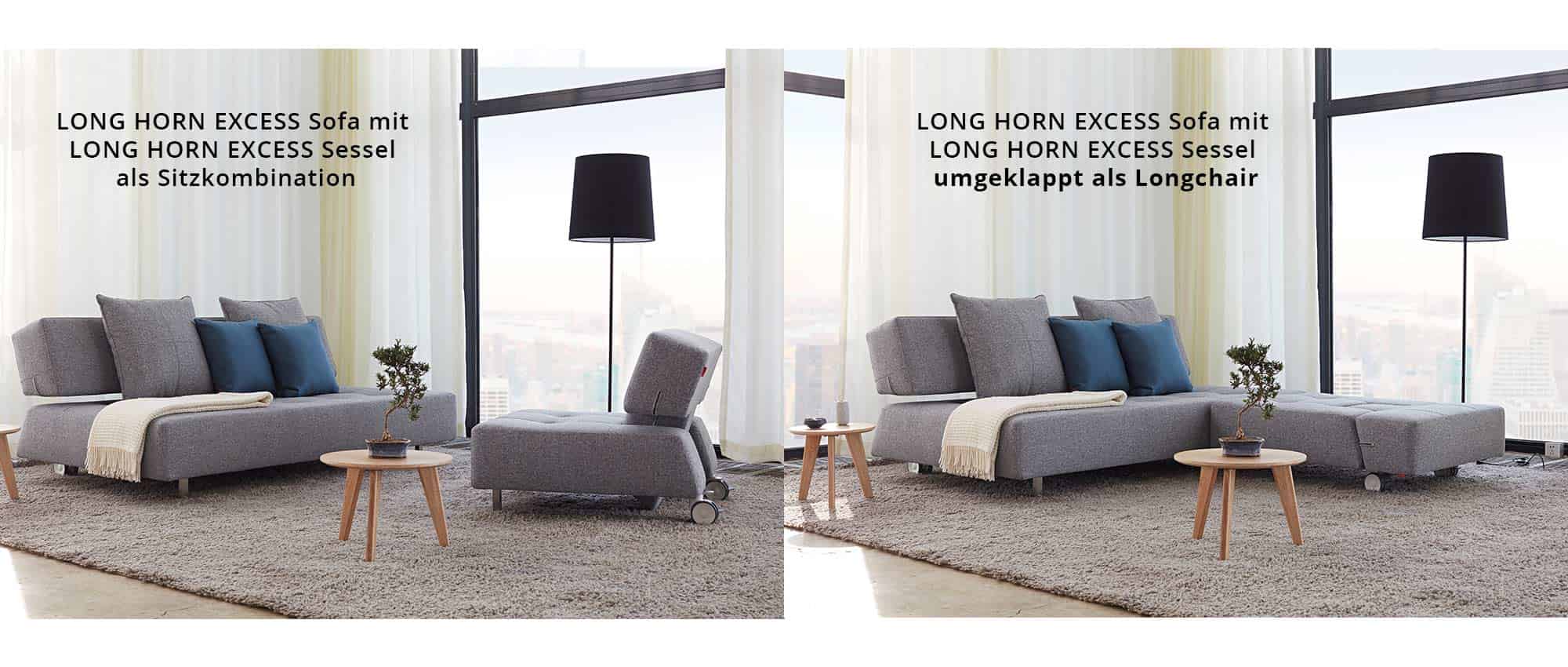 Das LONG HORN EXCESS Sofa von Innovation wird mit dem Sessel zu einer flexiblen Sitzgruppe
