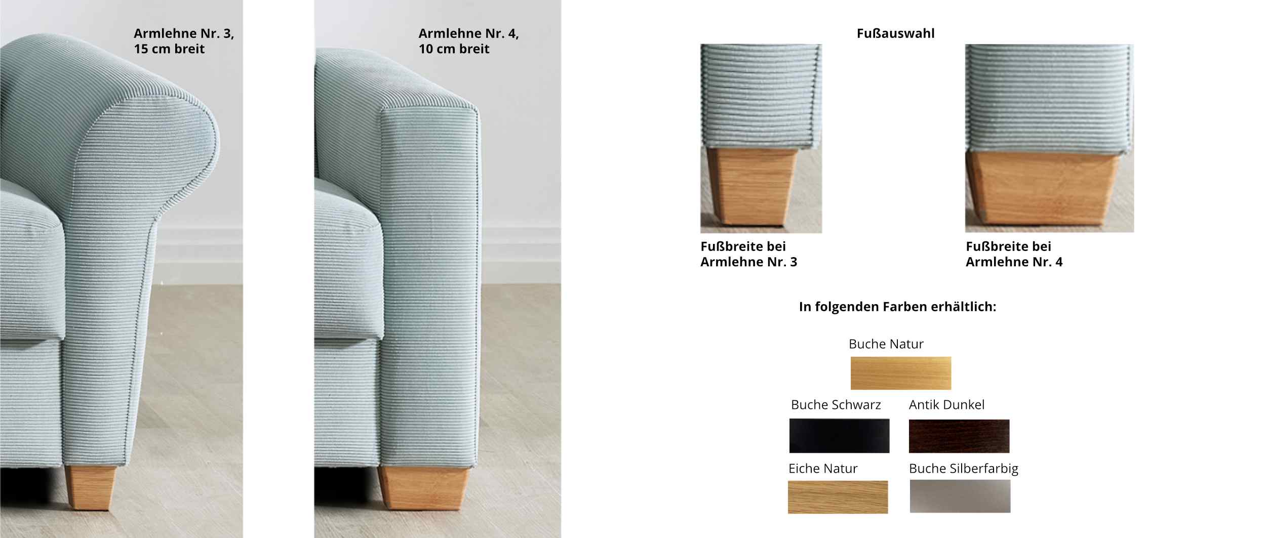 FREIBURG DELUXE Sessel mit verschiedenen Armlehnen und Holzfüßen