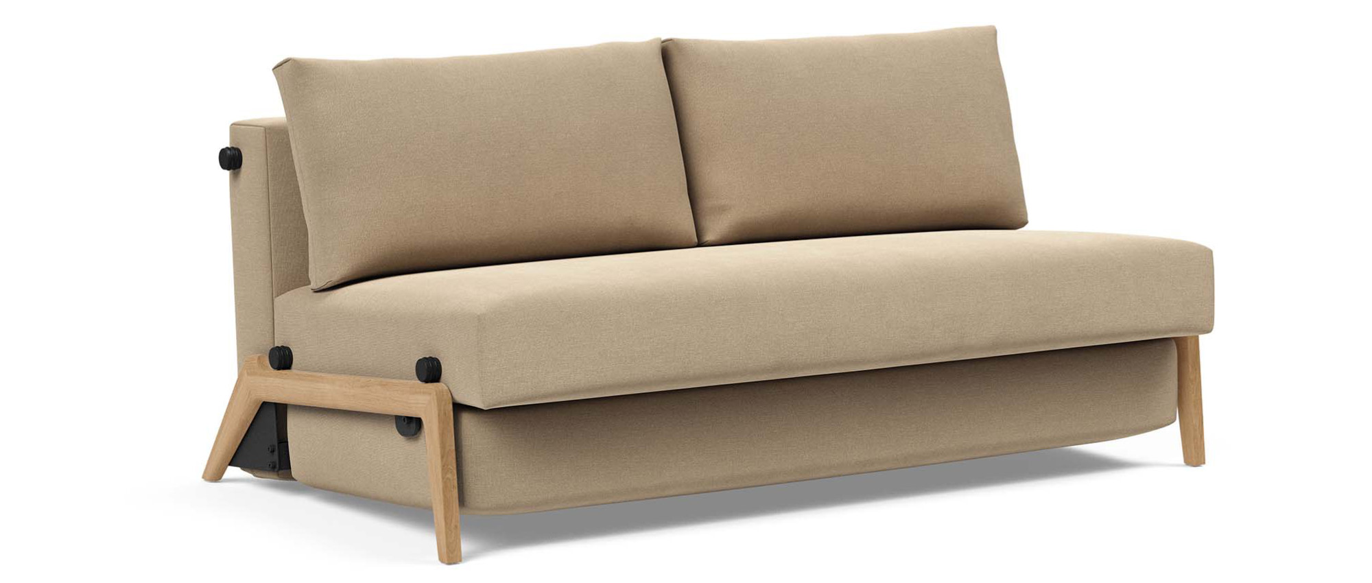 Klappsofa CUBED DELUXE zeitlos mit hellem Stoff und hellen Eichenholzfüßen
