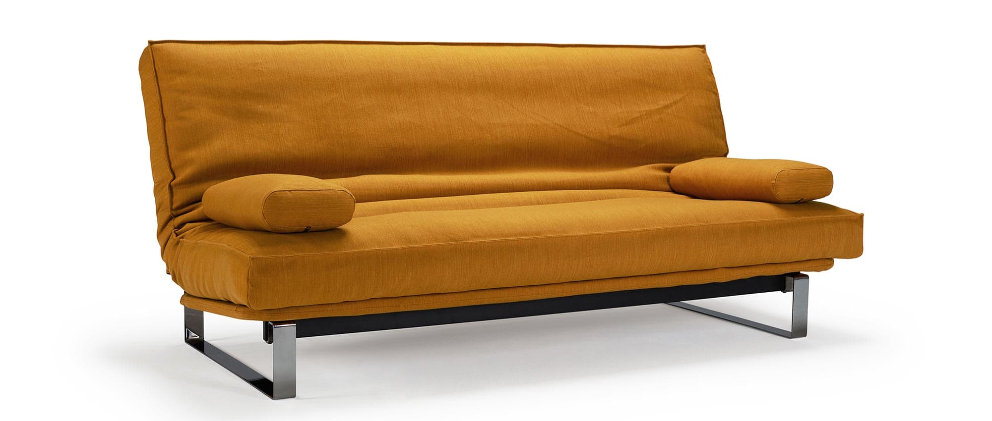 MINIMUM Schlafsofa: Chromkufen, Matratze: abziehbar - Stoff Elegance Burned Curry (507) - Sharp-Style - optional: Ellipse Kissen und Gestellbezug für Sitzfläche