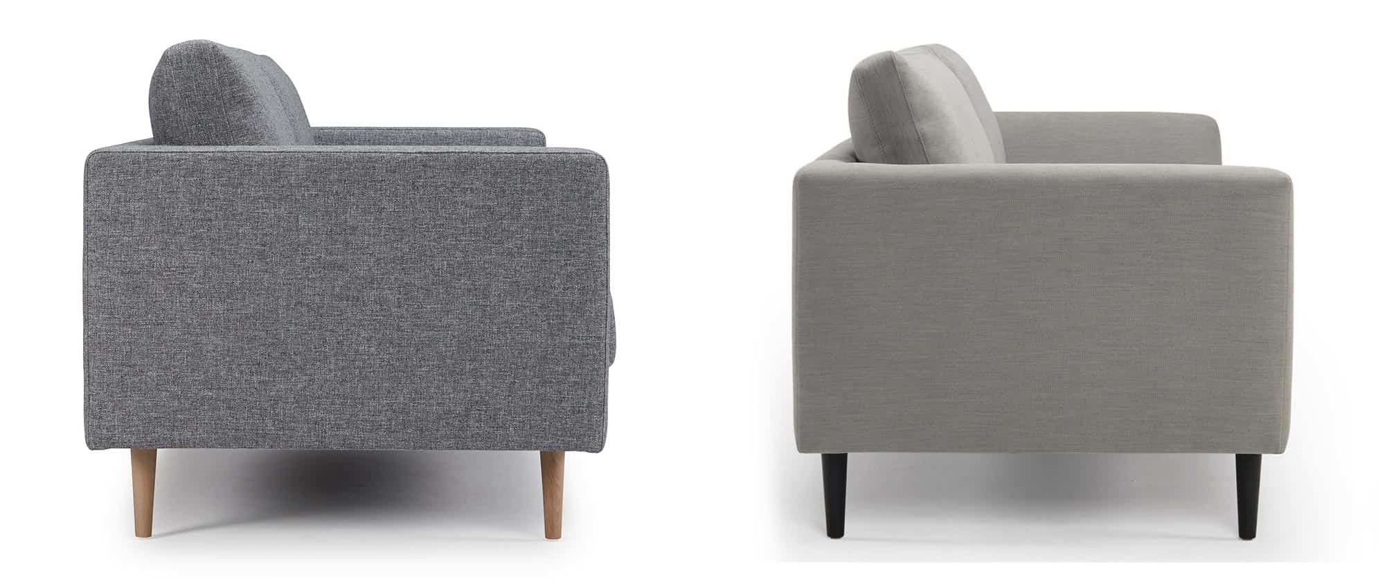 Das TRONDHEIM Designer Sofa hat breite oder schmale Armlehnen und spitze Holz- oder Metallfüße