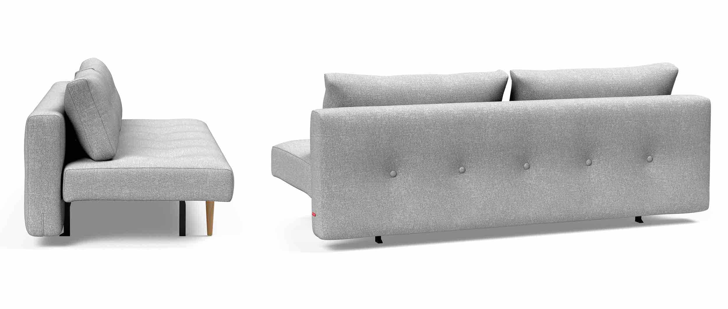 Das RECAST PLUS Schlafsofa mit hellen Styletto Holzfüßen in der Seiten- & Rückenansicht