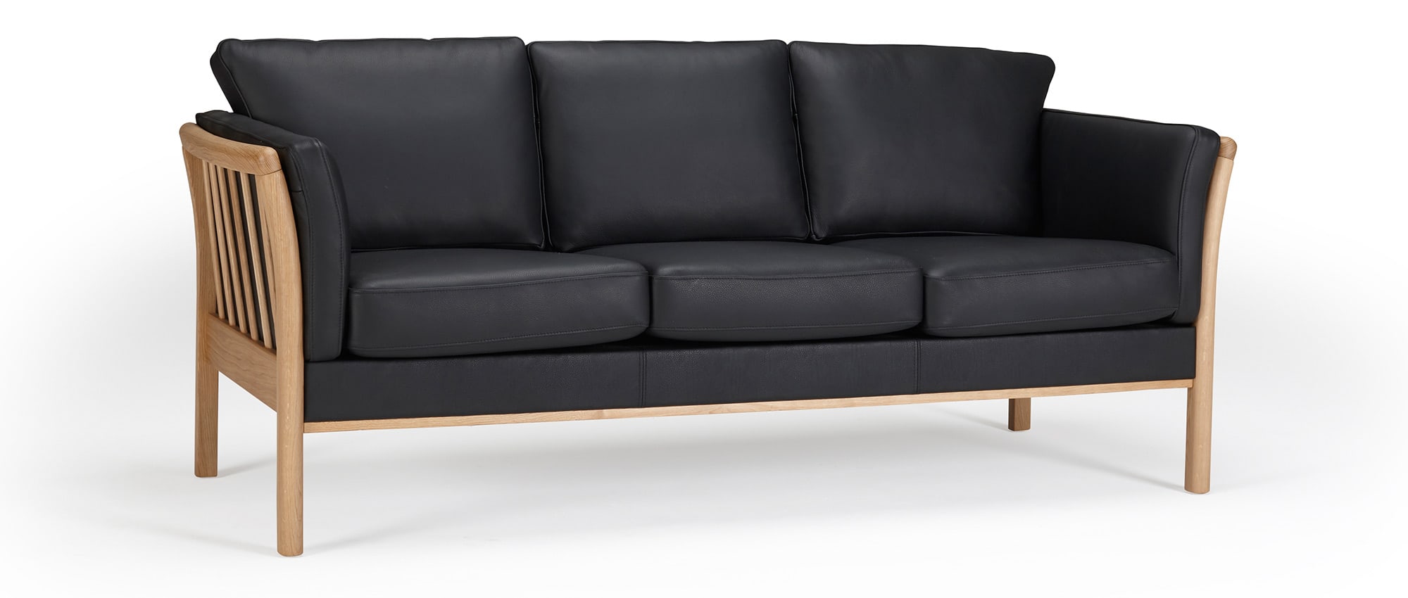 Das STOCKHOLM 3-Sitzer Sofa in Echtleder - Schwarz (920) mit Armlehnen aus massivem Holz
