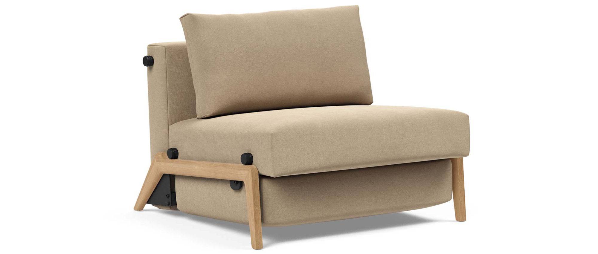 Edle Optik - Der CUBED DELUXE in einem hellen Stoff und hellen Eichenholzfüßen