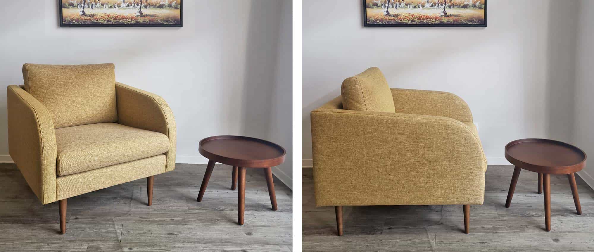 Der BERGEN Sessel mit dunkelbraun gebeizten Füßen kombiniert mit dem ALMA Tisch von Softline