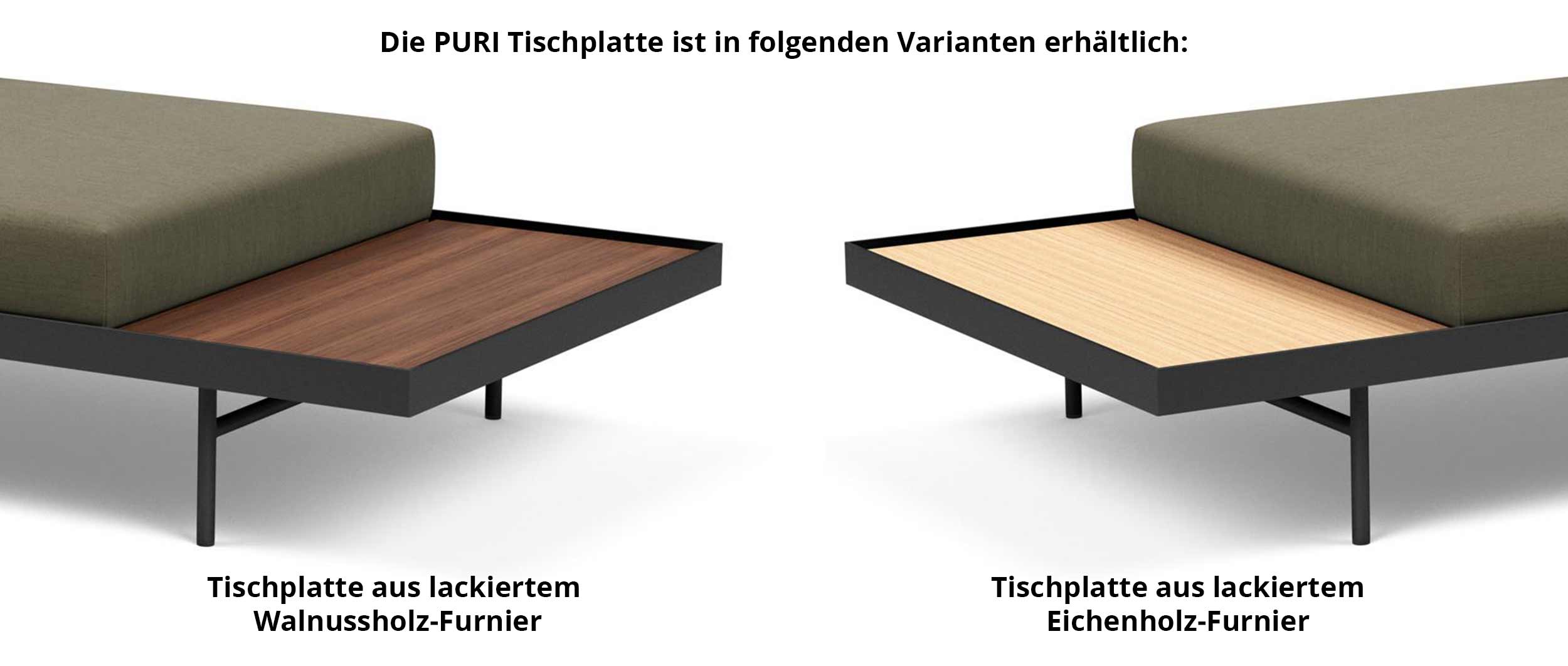 Die Tischplatte des nachhaltigen PURI Daybeds ist wahlweise in Walnussholz oder Eichenholz erhältlich
