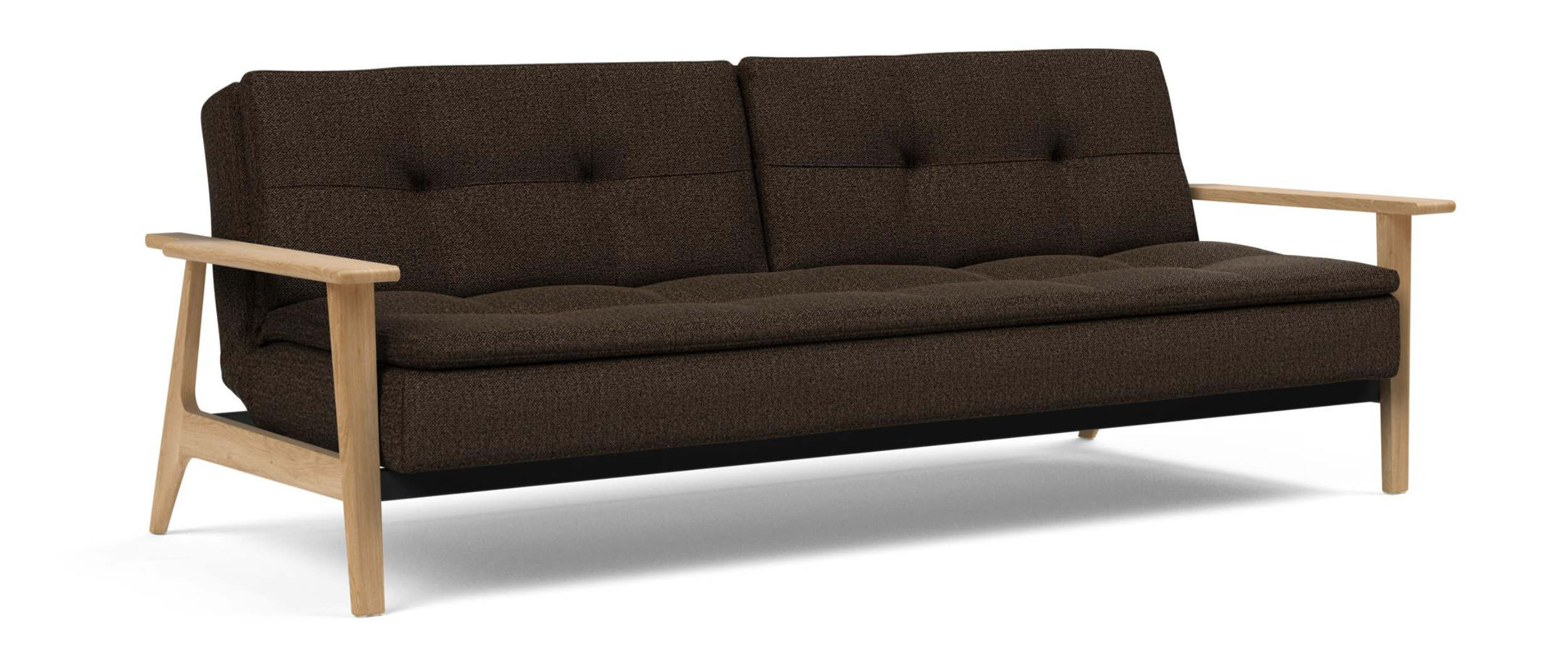 Innovation DUBLEXO Schlafsofa im Stoff Taura Chocco (358) mit hellen Holzarmlehnen 