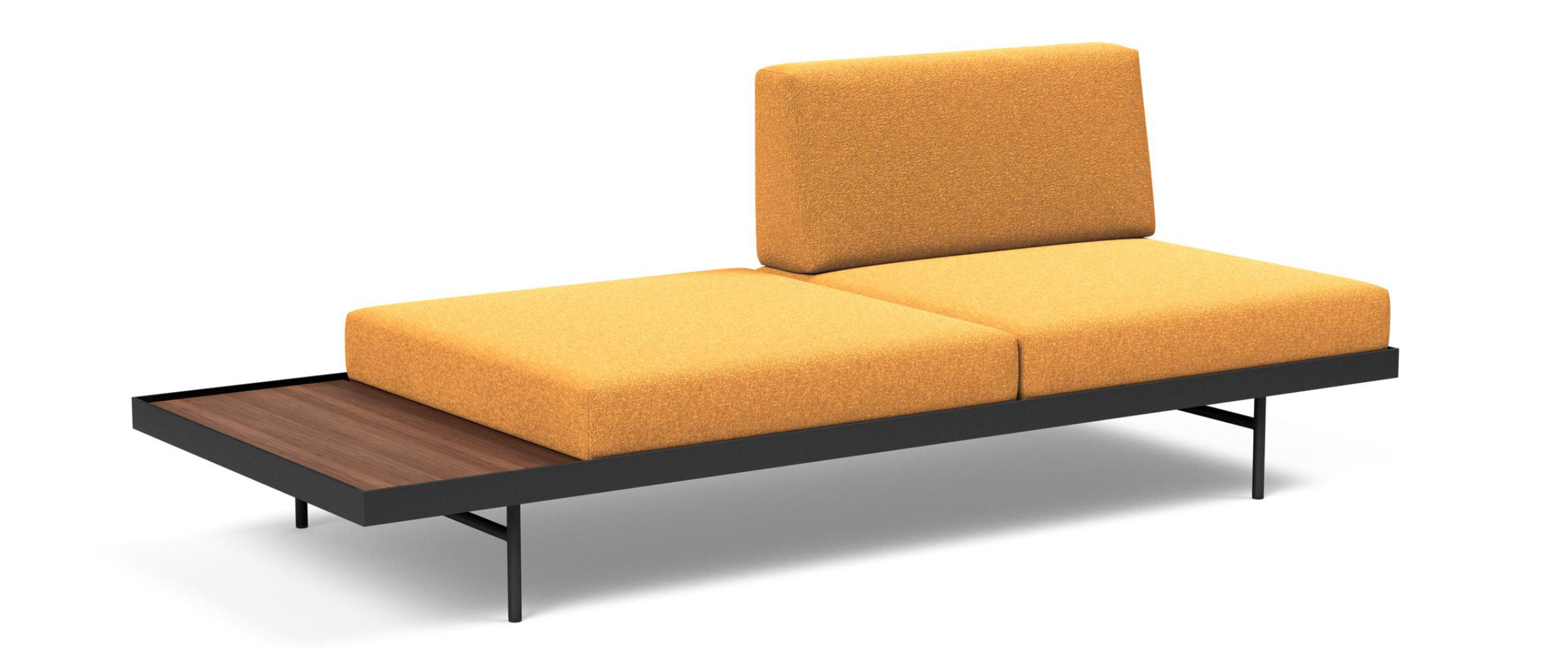 Die Tischplatte des PURI Daybed ist auch in Walnussholz erhältlich und lässt sich flexibel platzieren
