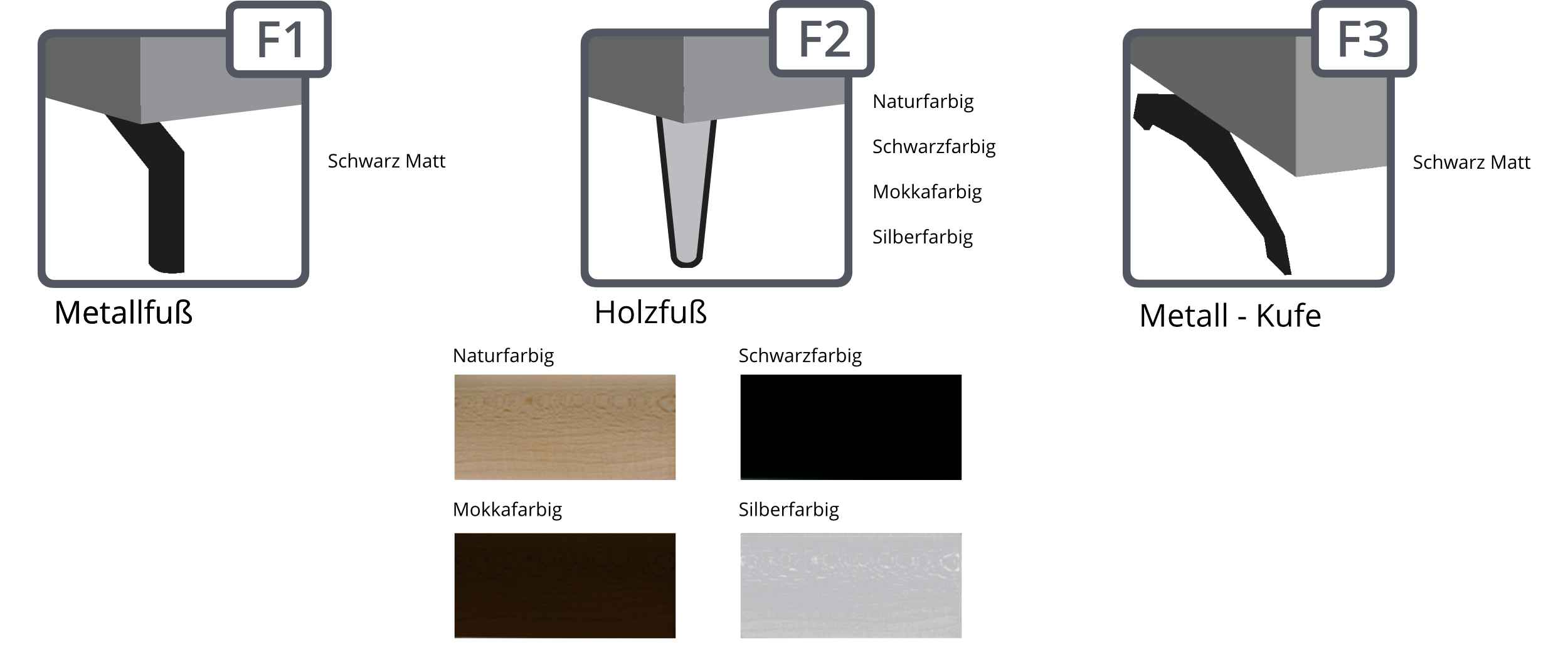 3 Fußvarianten bestellbar: Metallfuß, Holzfuß, Metall - Kufe