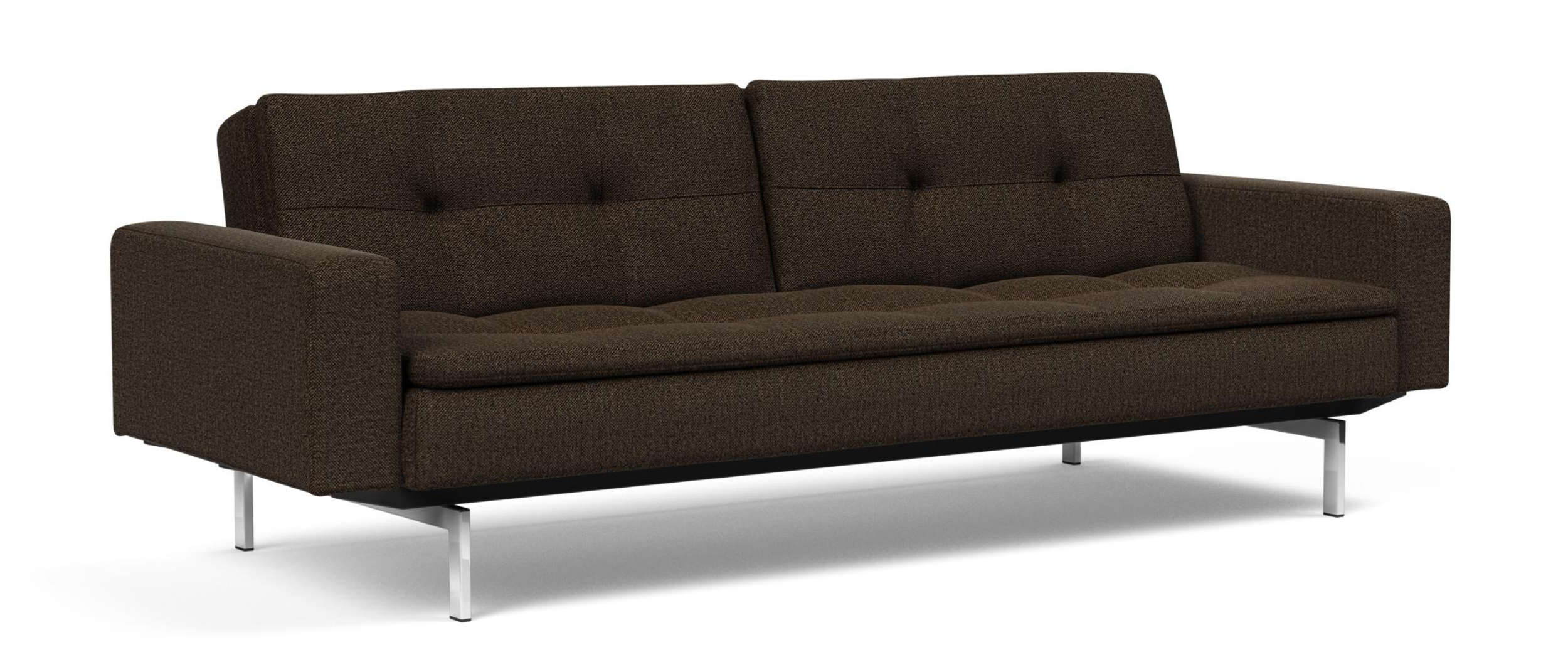 Das DUBLEXO Schlafsofa von Innovation mit Polsterarmlehnen im Stoff Taura Chocco (358) und mit Chromfüßen