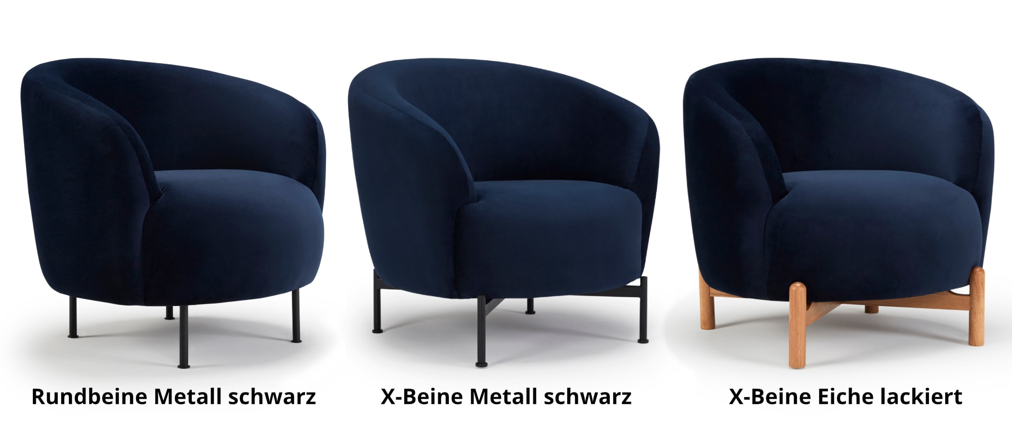 Für den Designersessel ESPOO sind 3 verschiedene Fußvarianten verfügbar - Rundbeine Metall schwarz, X-Beine Metall schwarz und X-Beine Eiche lackiert 