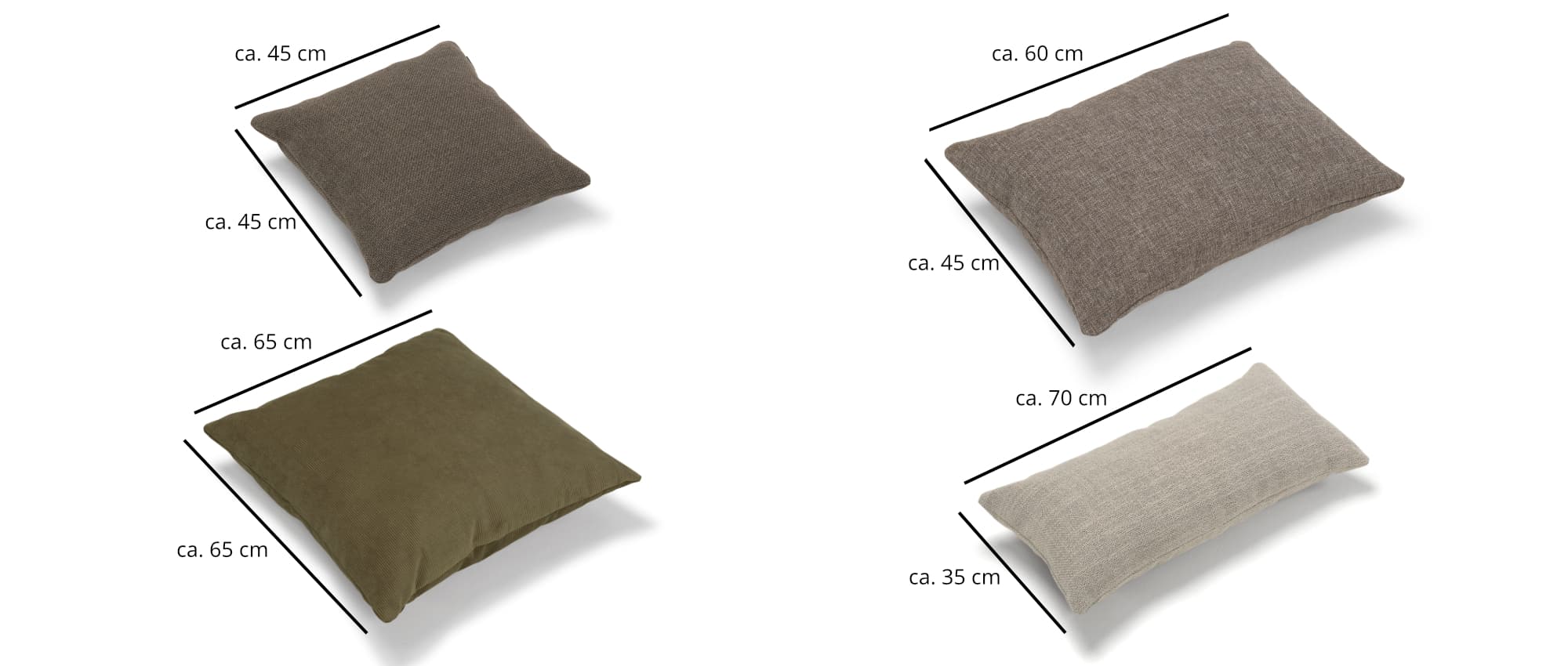 Das TURKU Kissen in vier verschiedenen Größen: ca. 45x45 cm, 60x45 cm, 70x35 cm, 65x65 cm