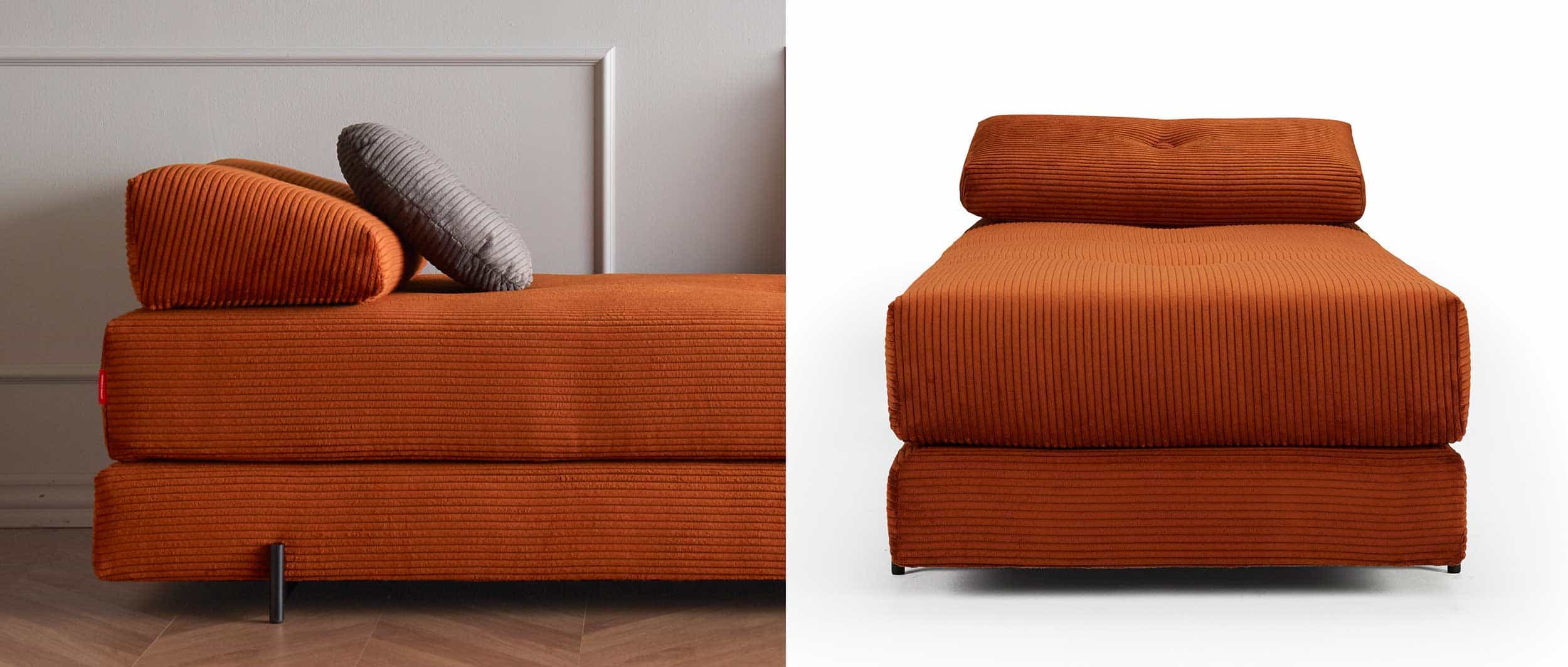 Die Liegefläche sowie die Kissen des SIGMUND Schlafsofas sind mit Stoffknöpfen versehen - hier im Stoff Corduroy Burnt Orange (595)