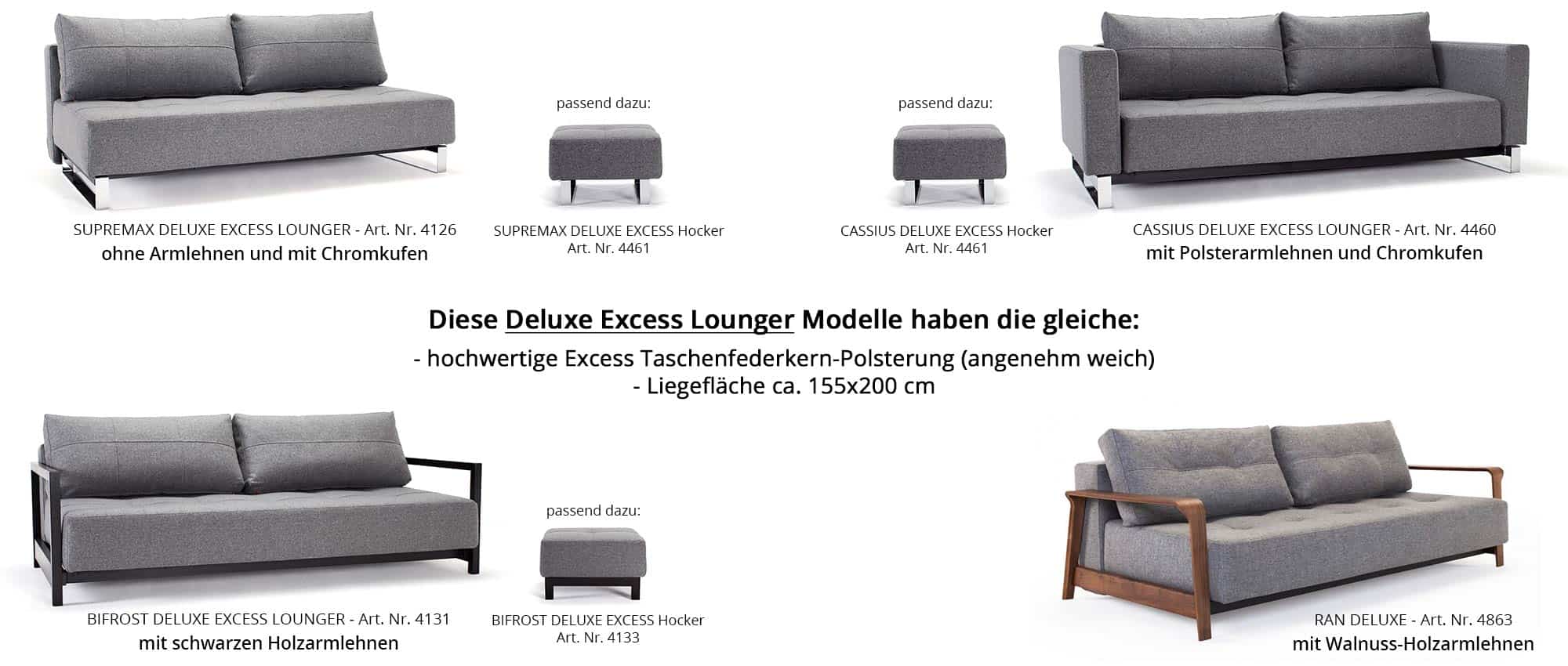 Die DELUXE EXCESS LOUNGER Schlafsofas von Innovation besitzen alle eine hochwertige Federkern Polsterung und eine große Liegefläche von ca. 155x200 cm