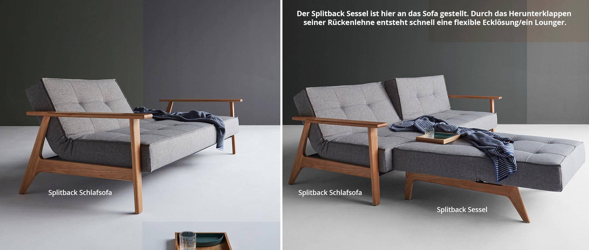 Wird der SPLITBACK Sessel von Innovation an das Sofa angestellt und heruntergeklappt, entsteht ein bequemer Lounger
