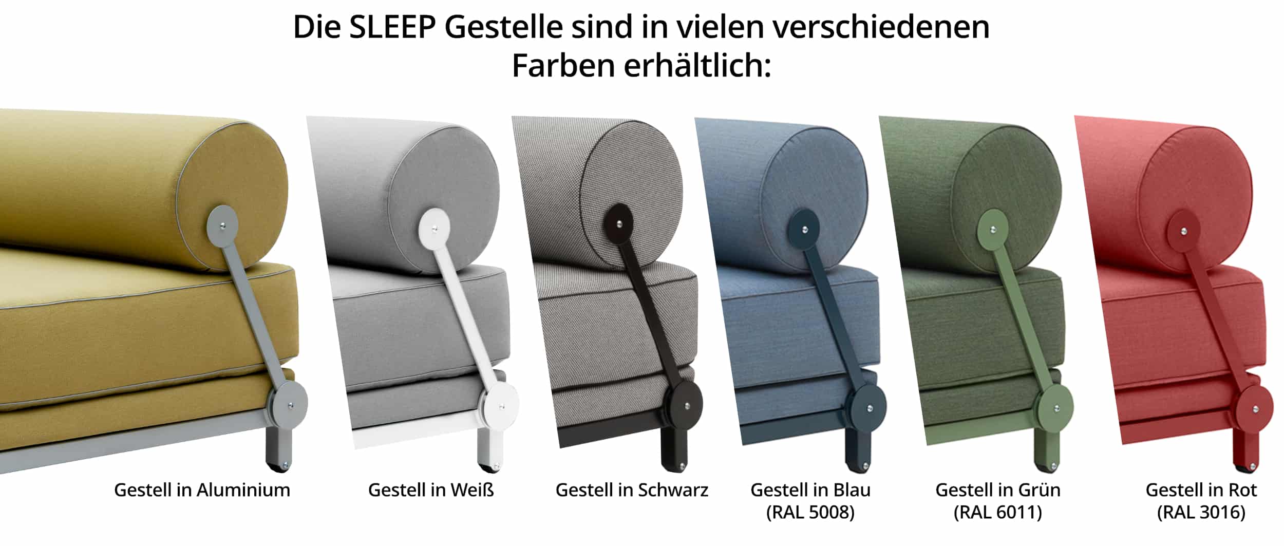Das Gestell des Softline Schlafsofas SLEEP ist in sechs Farben verfügbar: Aluminium, Schwarz, Weiß, Blau, Rot und Grün